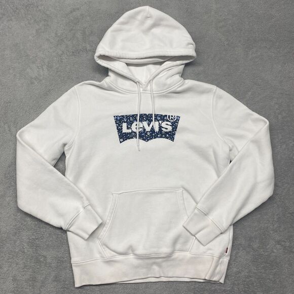 Levis Hoodie Mens Medium White Loud Logo Pullover‎ Drawstring Sweatshirt - Picture 1 of 9
